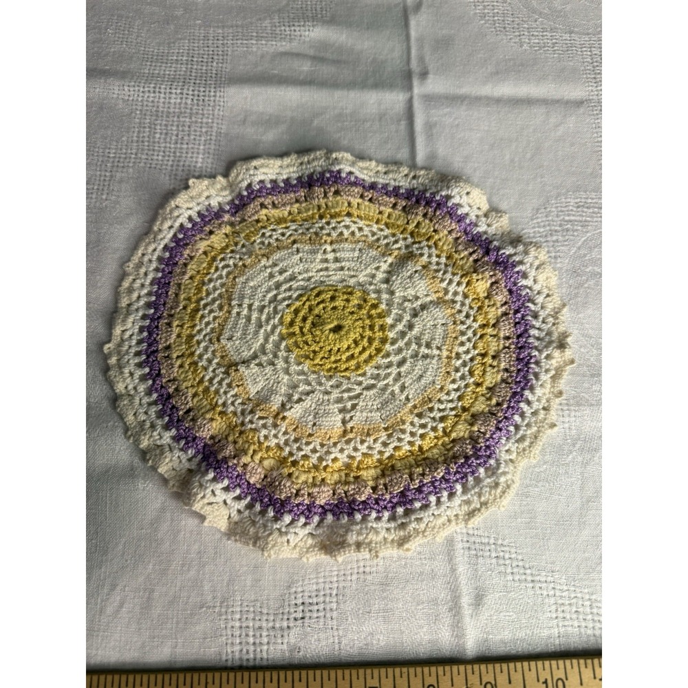Hand Crocheted Vintage Doily Round Purple, Yellow, White Cottagecore Grandma